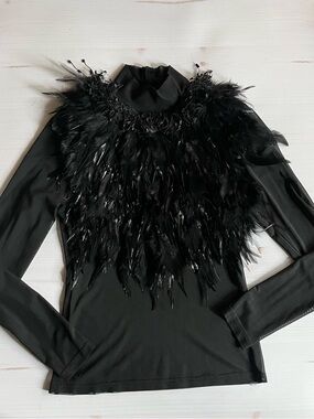 Gracia Black Feather Embellished Long Sleeve Top